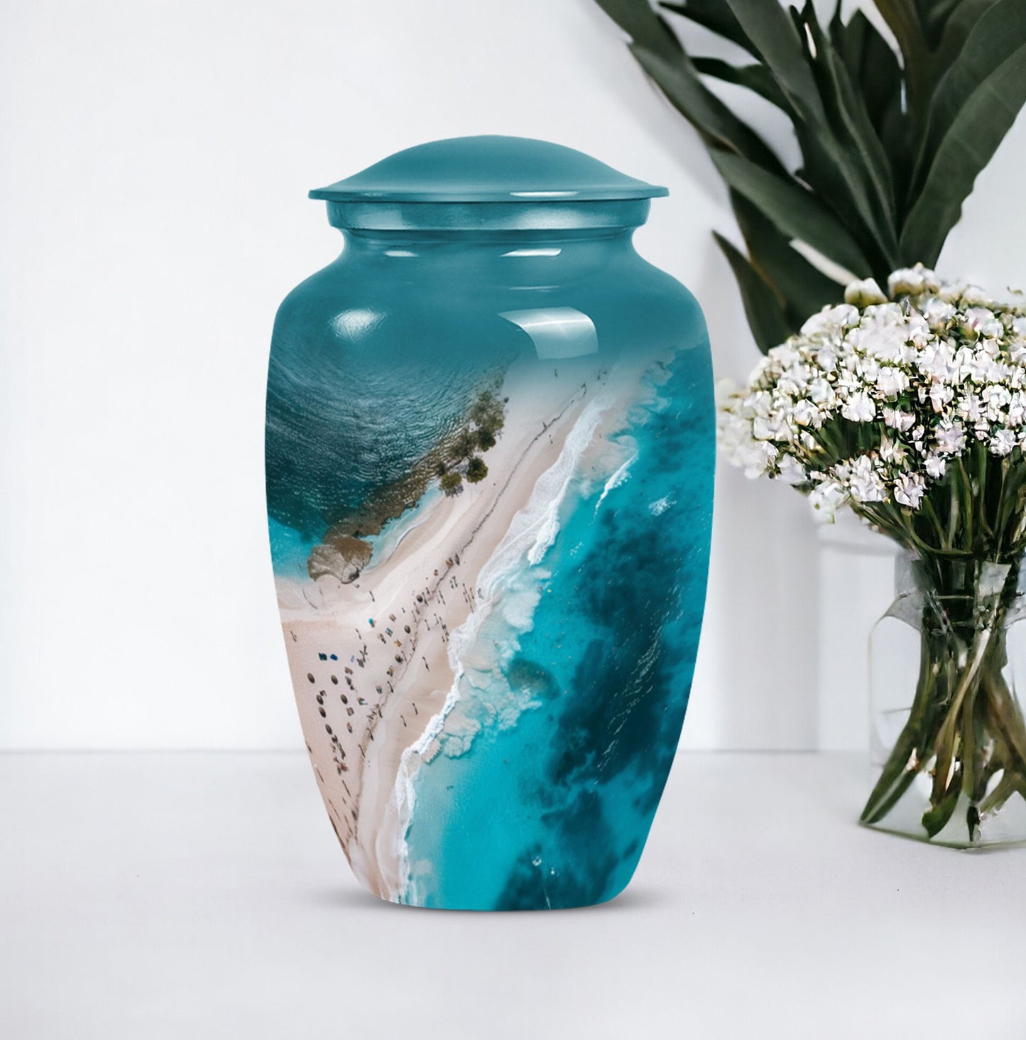 10-inch classic aluminium beach urn with floral theme.