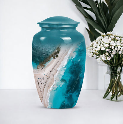 10-inch classic aluminium beach urn with floral theme.
