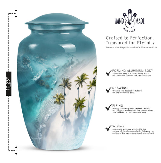 10-inch classic urn adorned with flowers for beach memorial.
