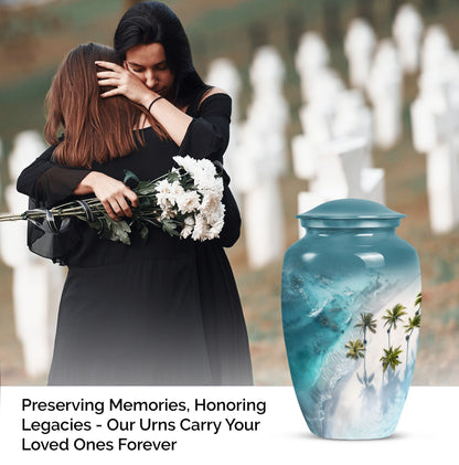 10-inch classic urn adorned with flowers for beach memorial.