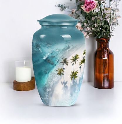 10-inch classic urn adorned with flowers for beach memorial.