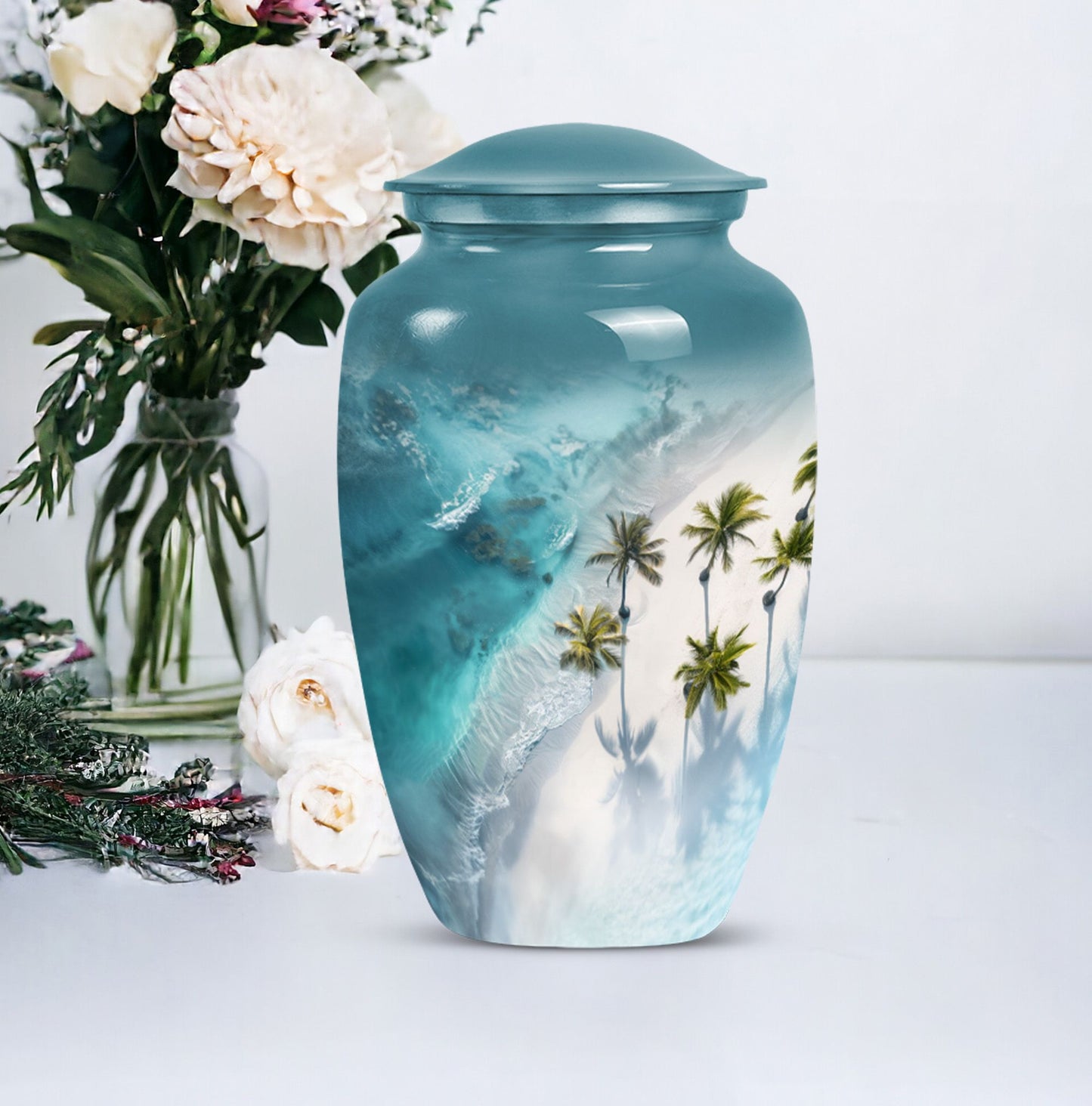 10-inch classic urn adorned with flowers for beach memorial.