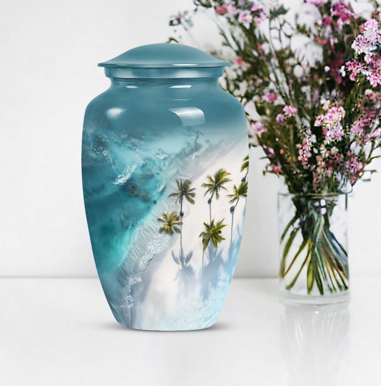10-inch classic urn adorned with flowers for beach memorial.