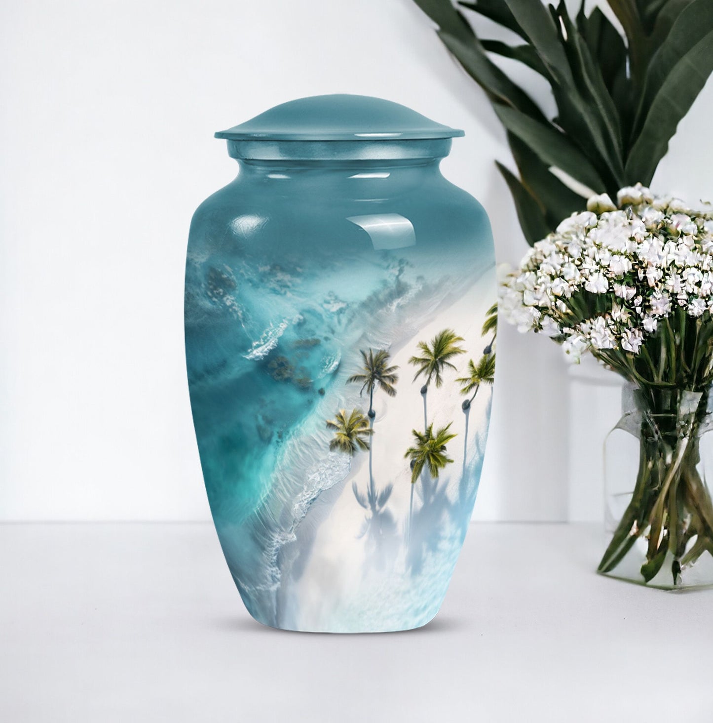 10-inch classic urn adorned with flowers for beach memorial.