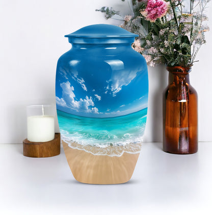 Classic 10-inch floral beach urn for adult ashes, 