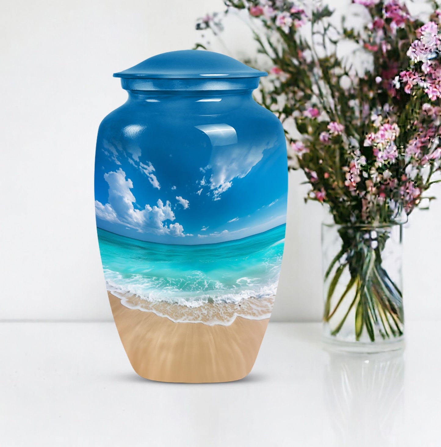 Classic 10-inch floral beach urn for adult ashes, 