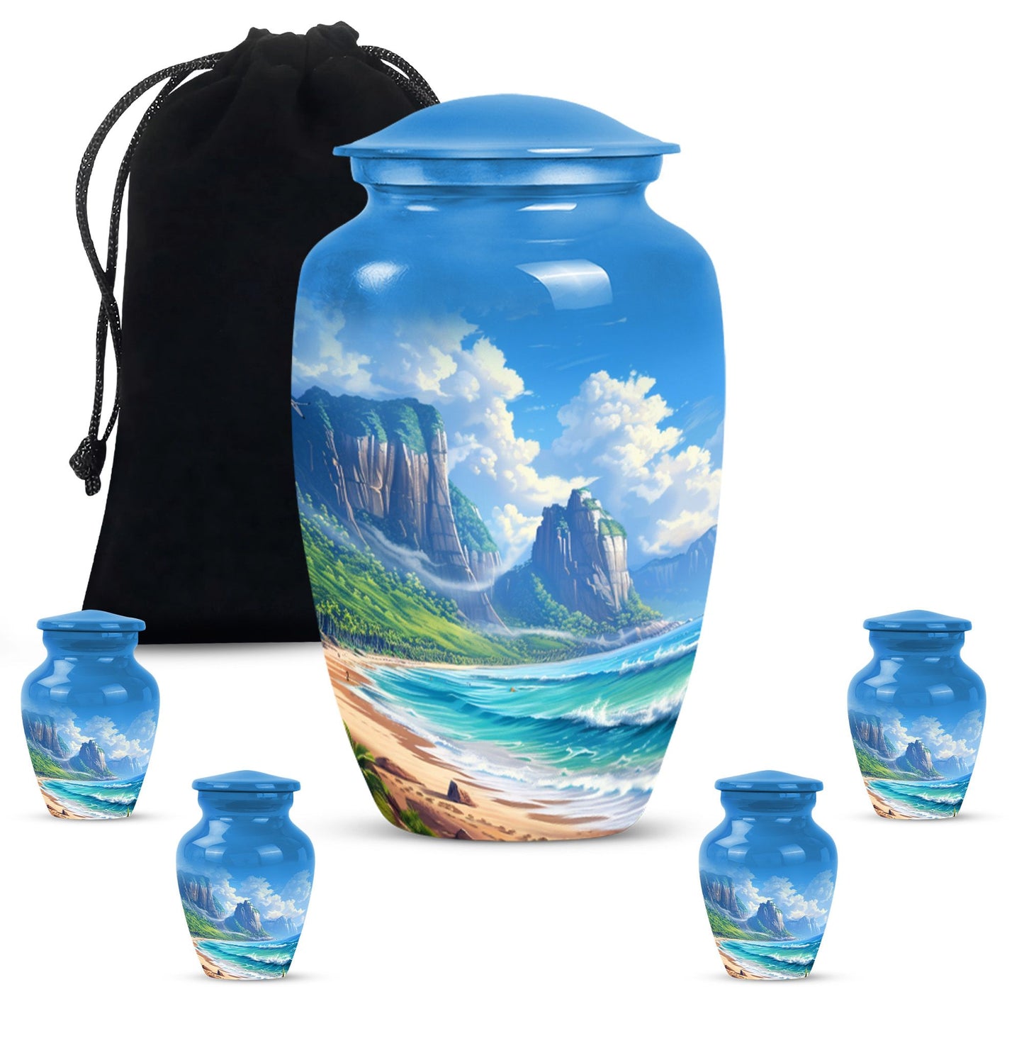 Beach Theme Large Urn With 4 Keepsake Urn
