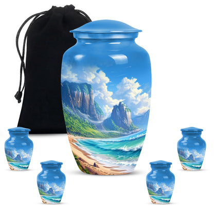 Beach Theme Large Urn With 4 Keepsake Urn