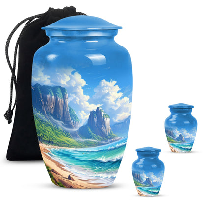 Beach Theme Large Urn With 2 Keepsake Urn
