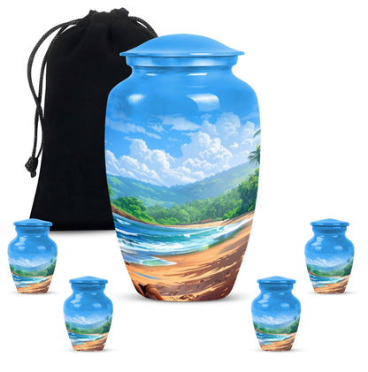 Beach Theme Large Urn With 4 Keepsake Urn
