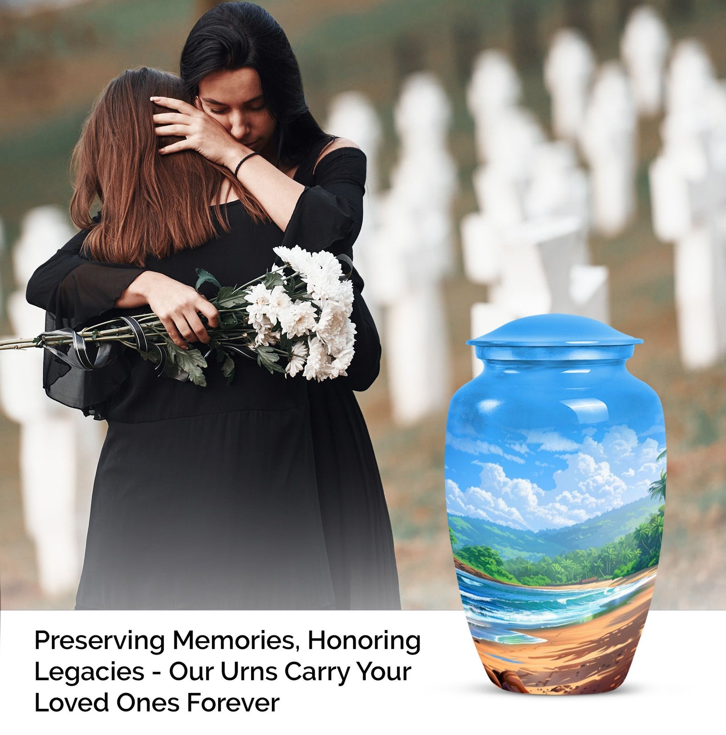 classic beach urn with flower theme for cremation ashes.