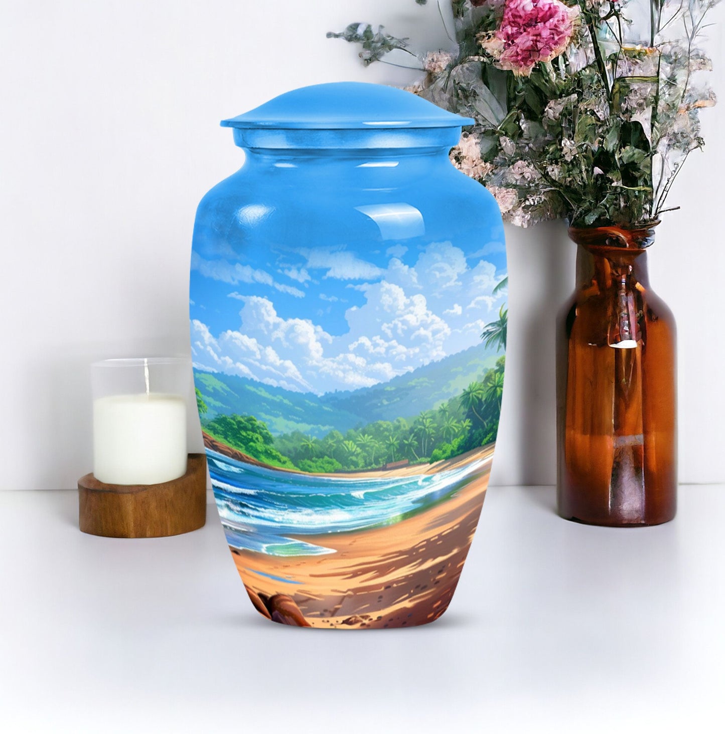 classic beach urn with flower theme for cremation ashes.