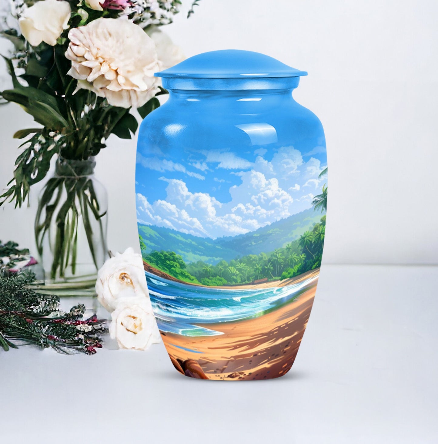 classic beach urn with flower theme for cremation ashes.