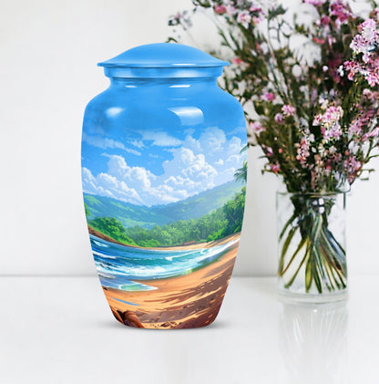classic beach urn with flower theme for cremation ashes.