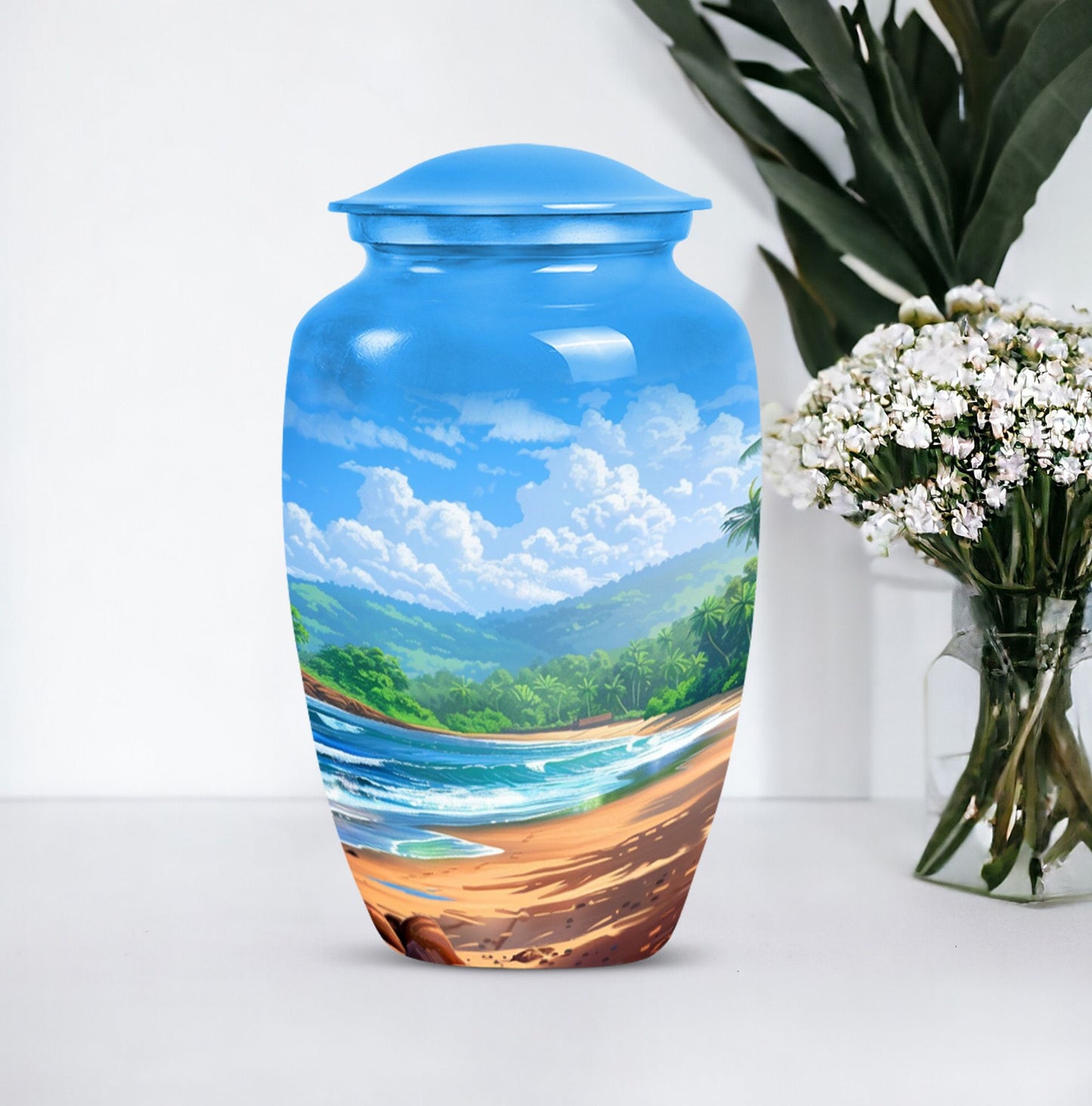 classic beach urn with flower theme for cremation ashes.