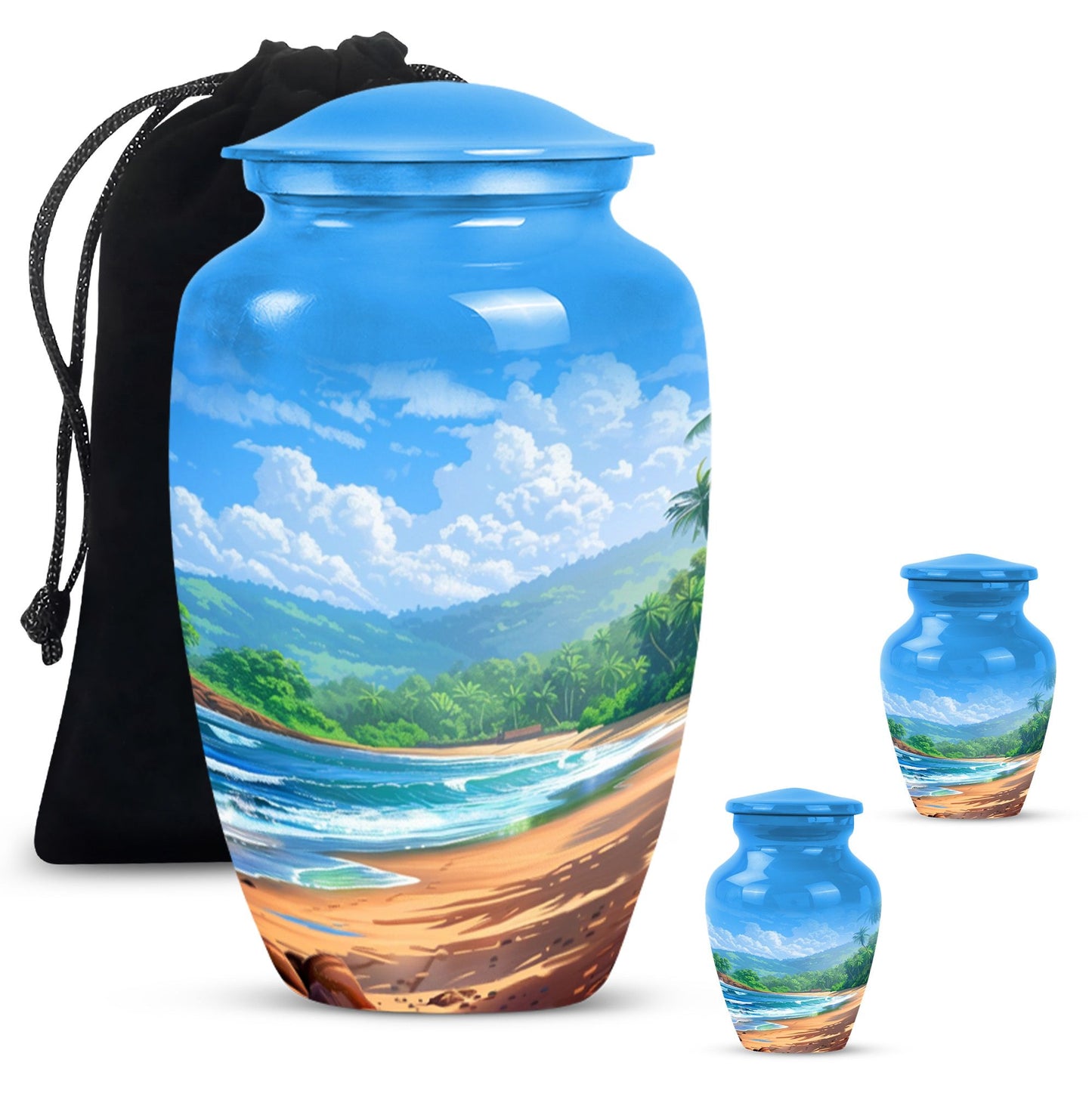 Beach Theme Large Urn With 2 Keepsake Urn