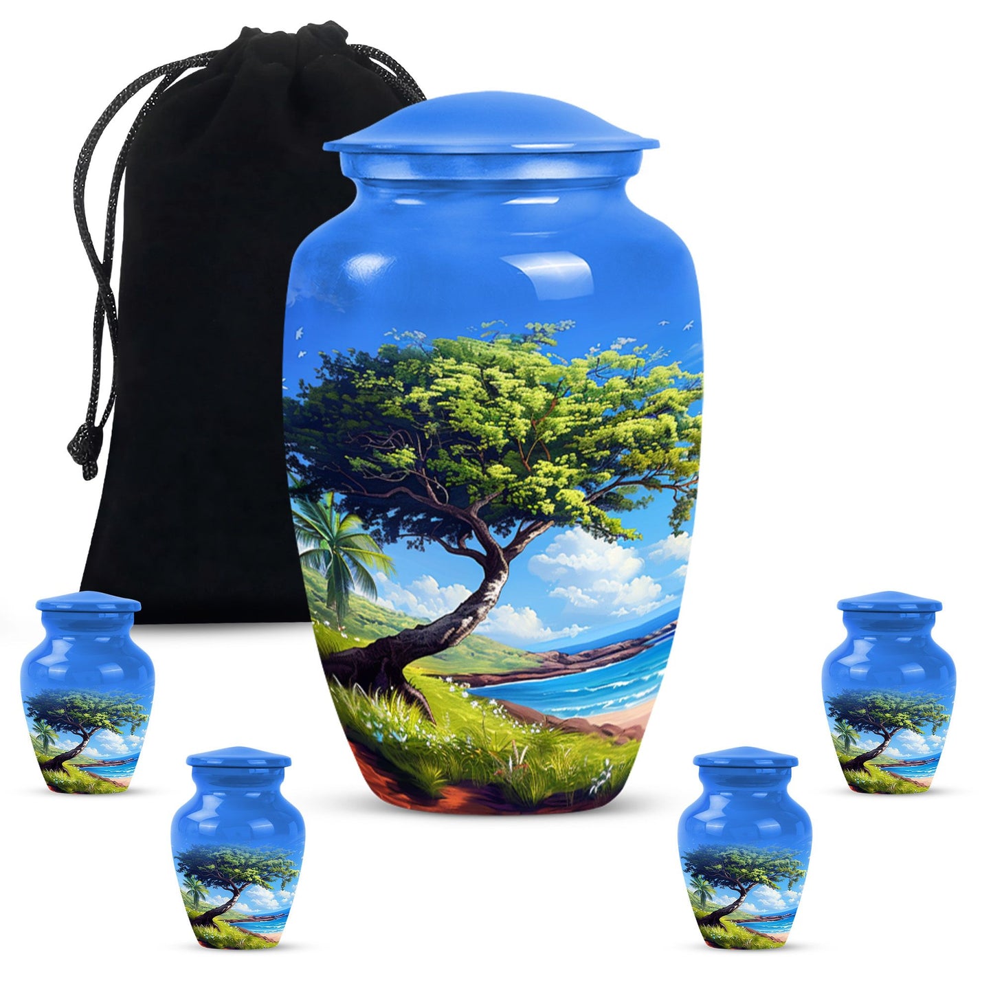 Beach Theme Large Urn With 4 Keepsake Urn