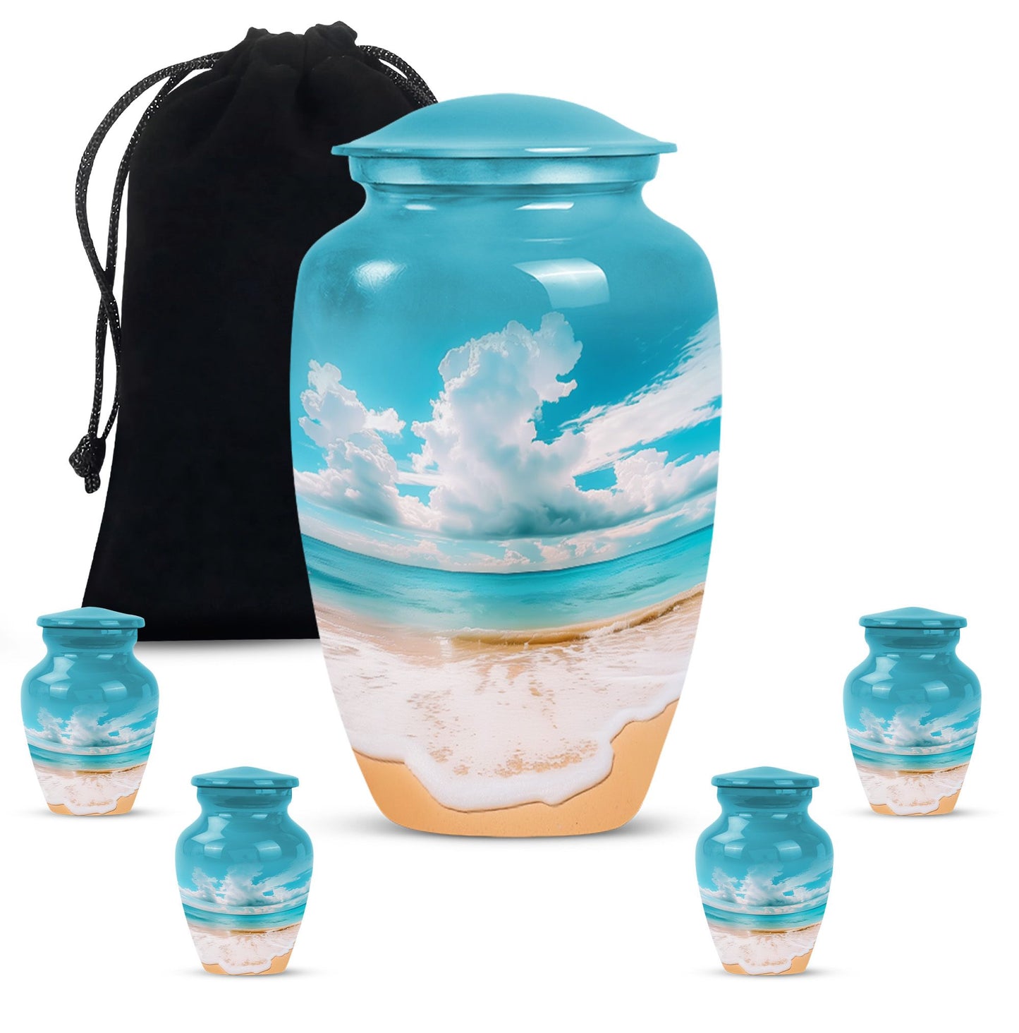 Beach Theme Large Urn With 4 Keepsake Urn