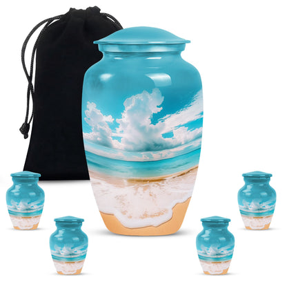Beach Theme Large Urn With 4 Keepsake Urn