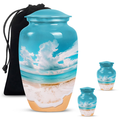 Beach Theme Large Urn With 2 Keepsake Urn