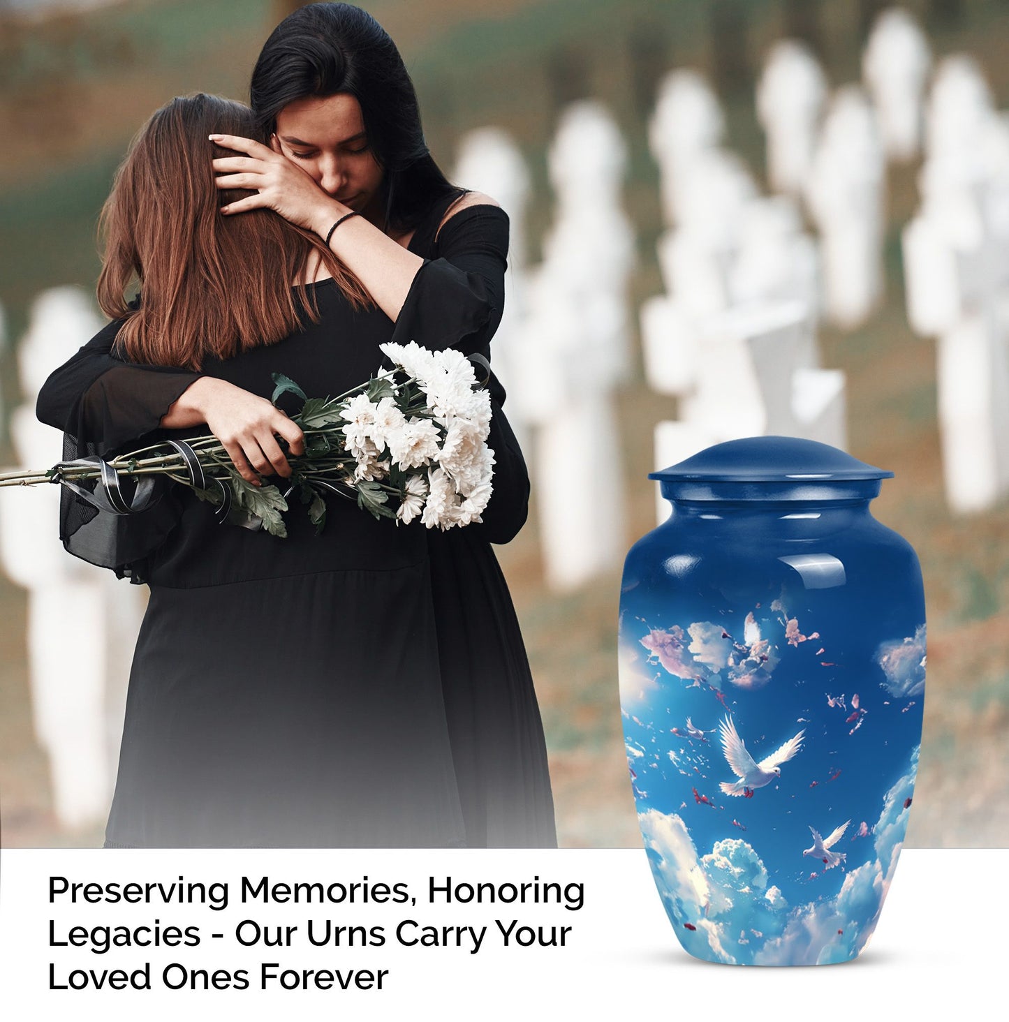 burial urn designed with flowers for mom's ashes