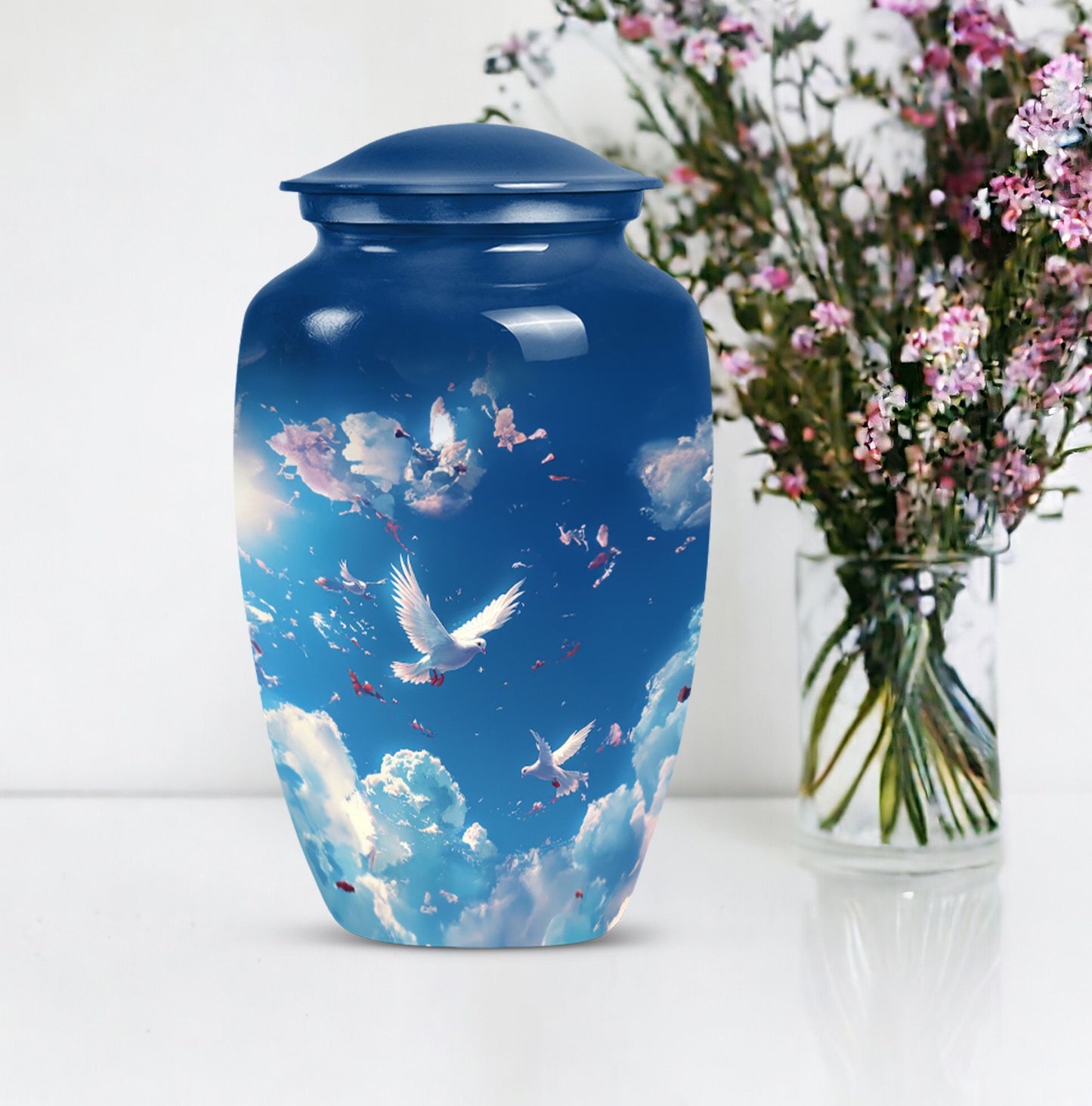 burial urn designed with flowers for mom's ashes
