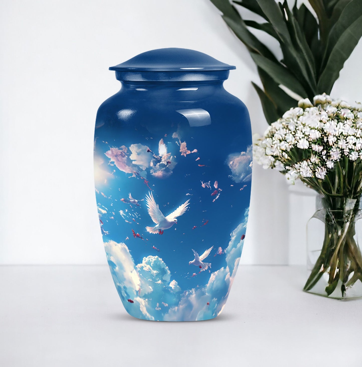 burial urn designed with flowers for mom's ashes