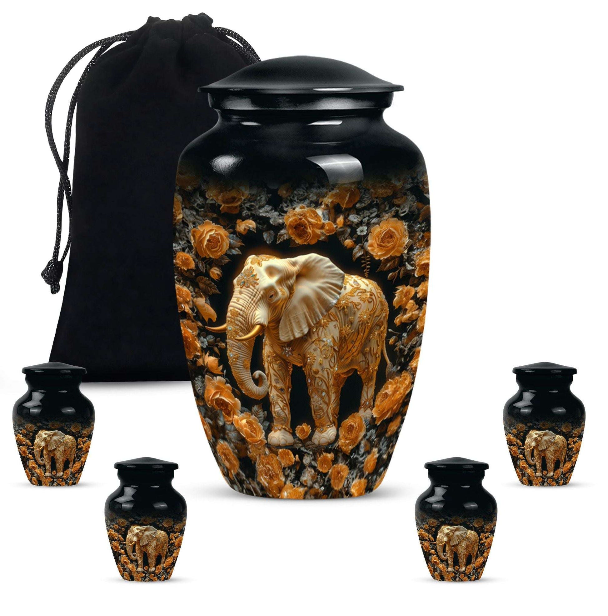 Elephant Theme Large Urn With 4 Keepsake Urn