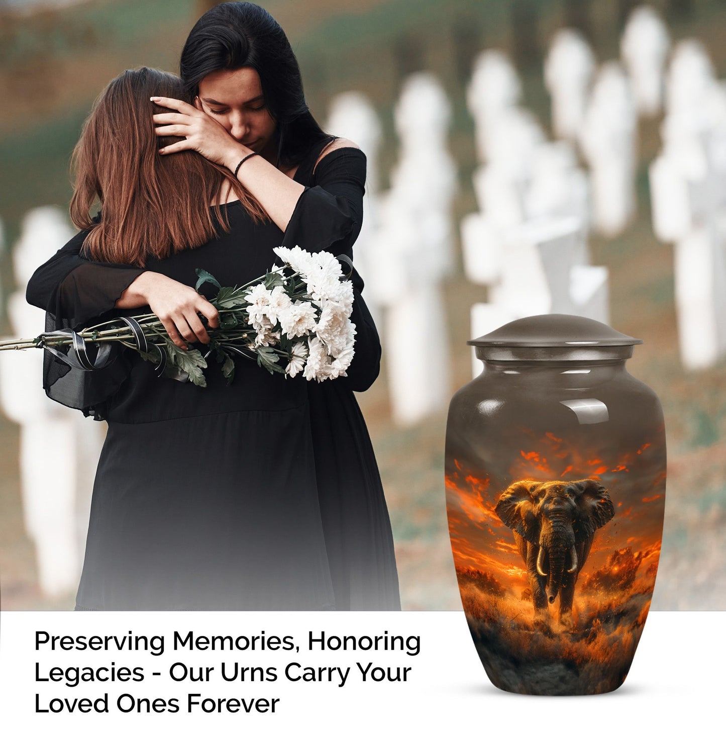 classic elephant urn with floral theme for adult human ashes