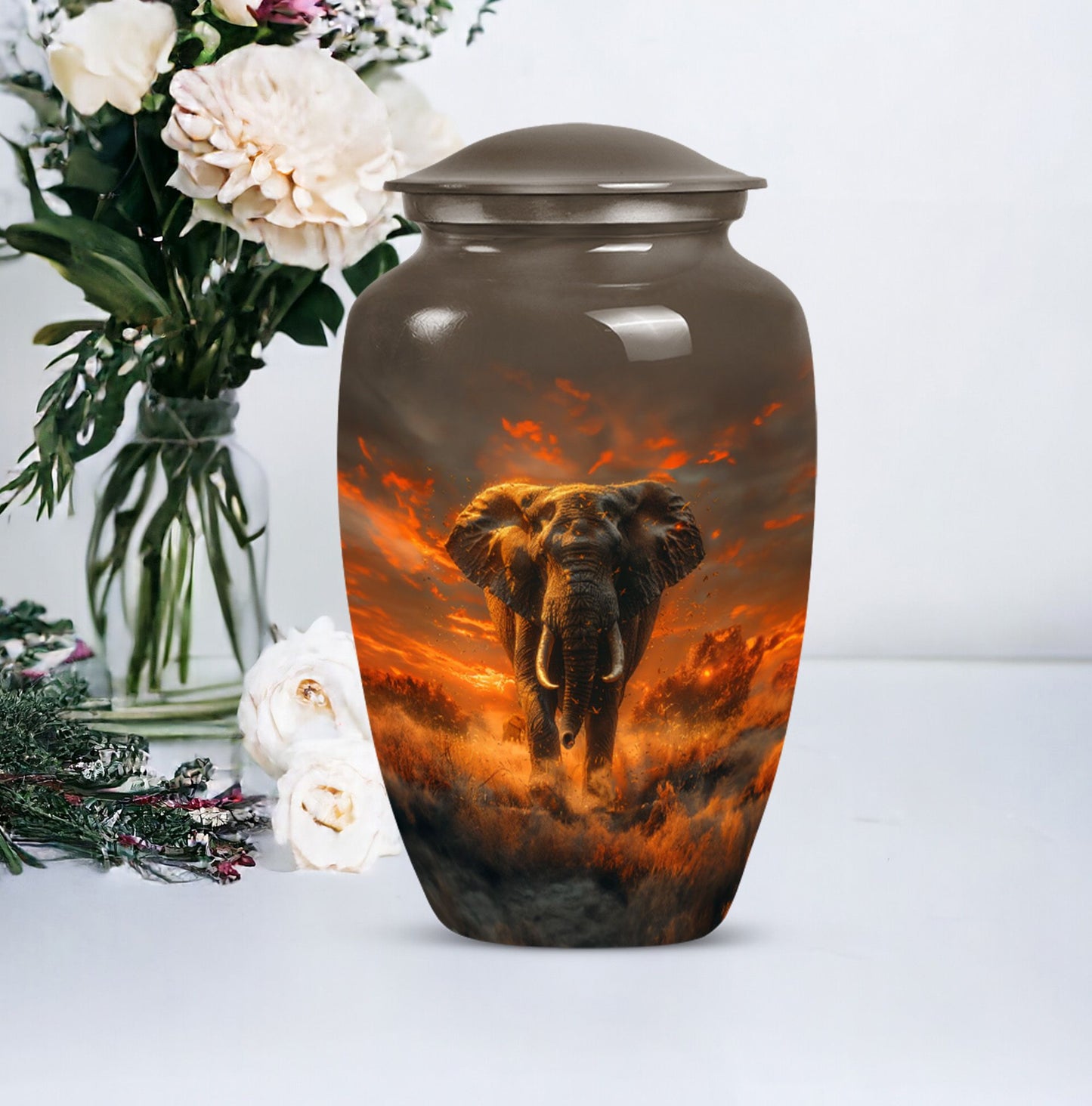 classic elephant urn with floral theme for adult human ashes