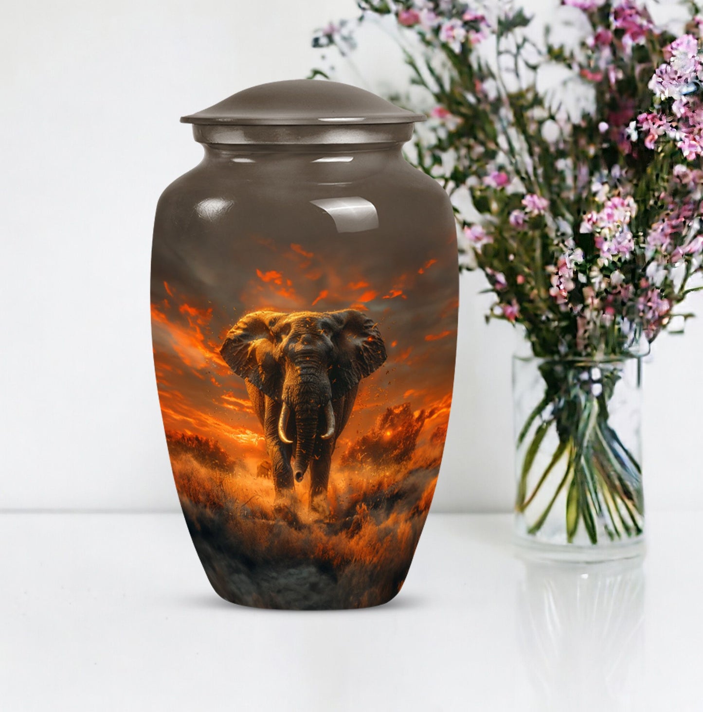 classic elephant urn with floral theme for adult human ashes