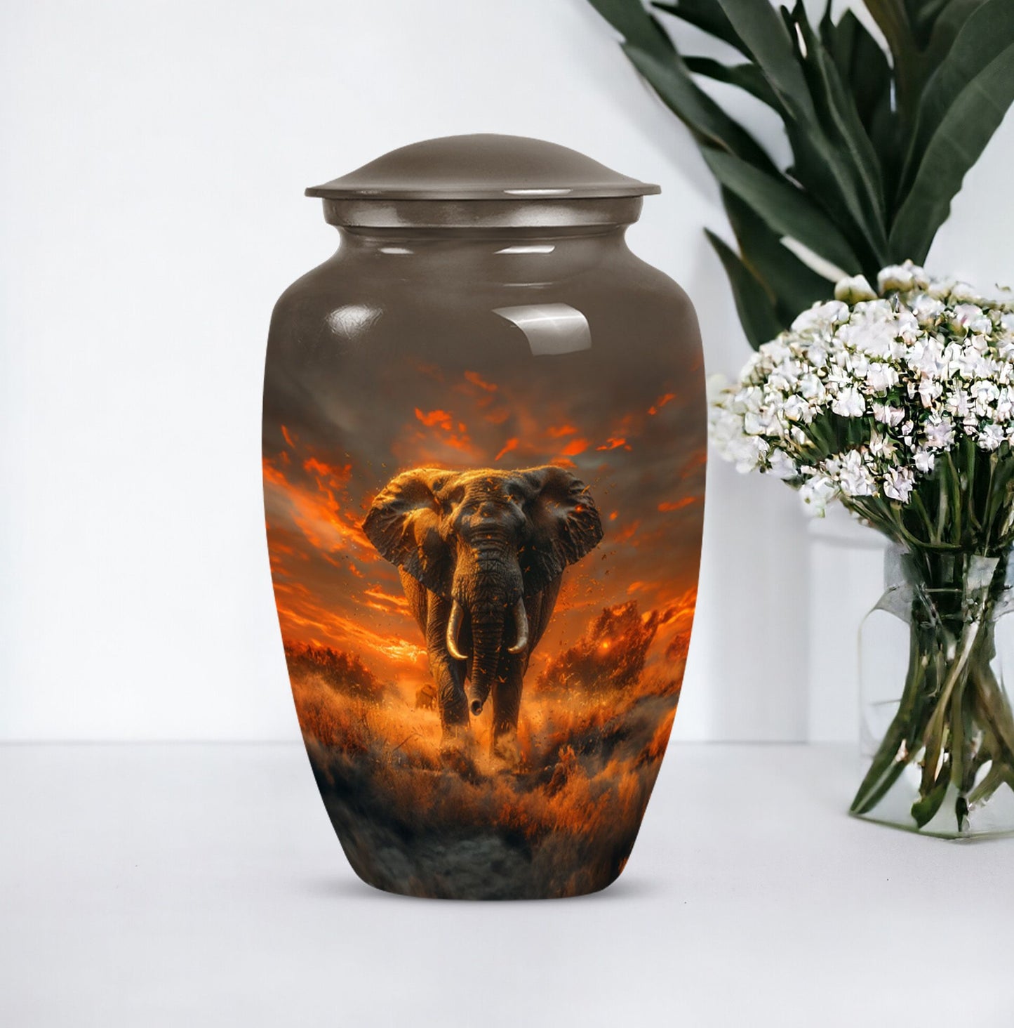 classic elephant urn with floral theme for adult human ashes