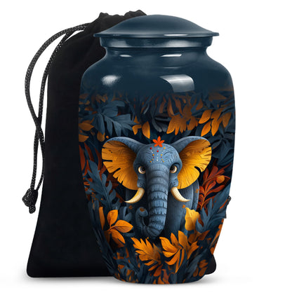 10 inch classic elephant urn with floral theme.