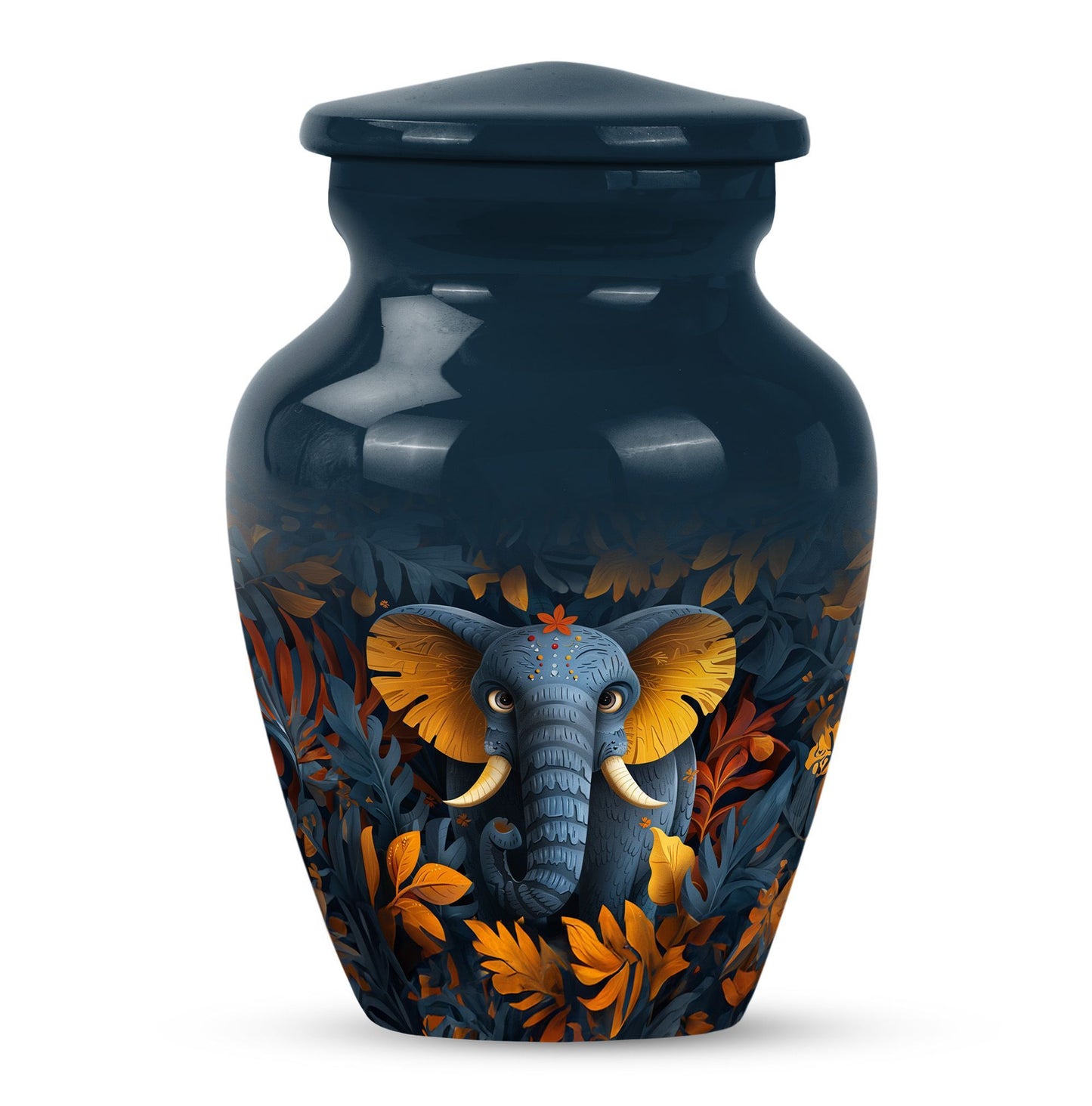 10 inch classic elephant urn with floral theme.