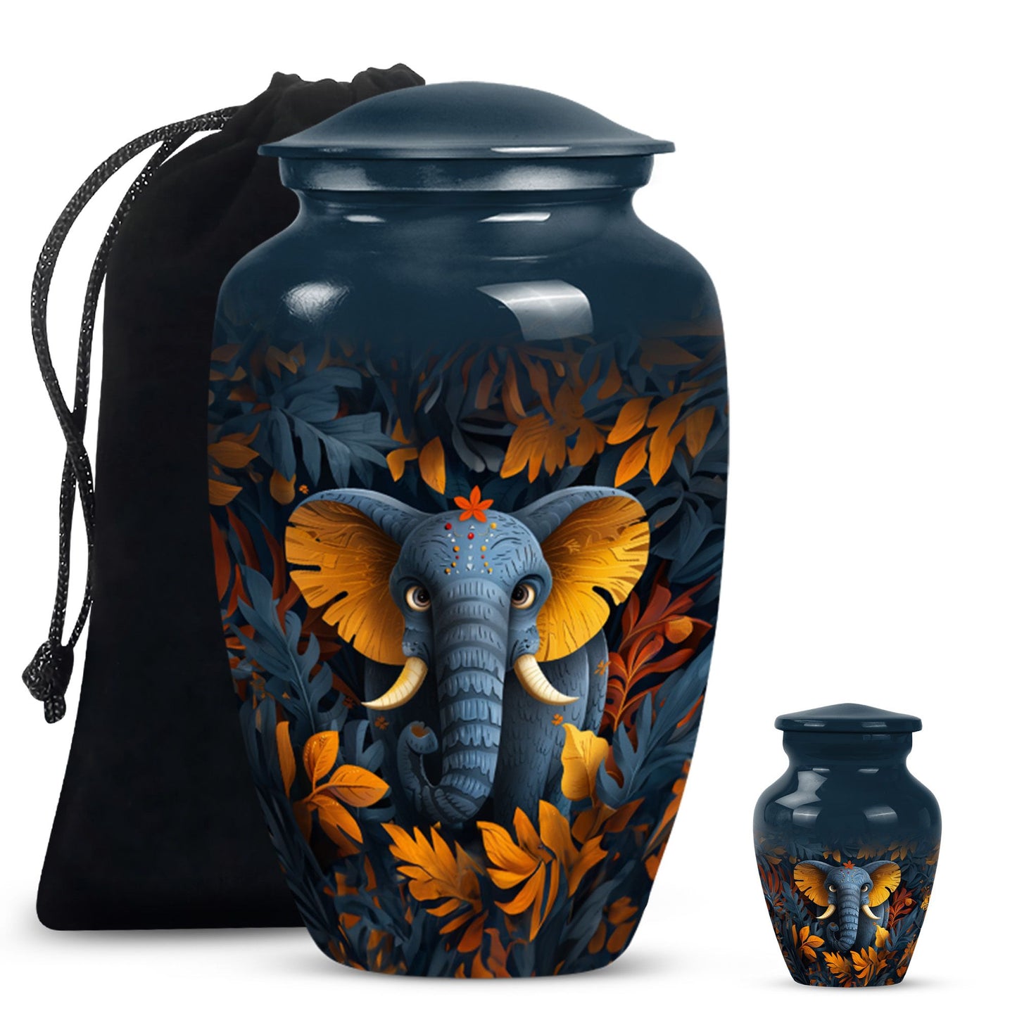 10 inch classic elephant urn with floral theme.