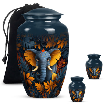 10 inch classic elephant urn with floral theme.