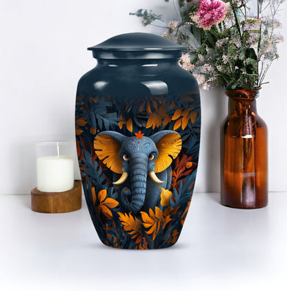 elephant-themed aluminum cremation urn 