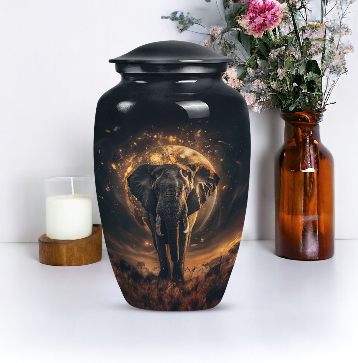 Butterfly themed, 10-inch elephant urn for female cremation.