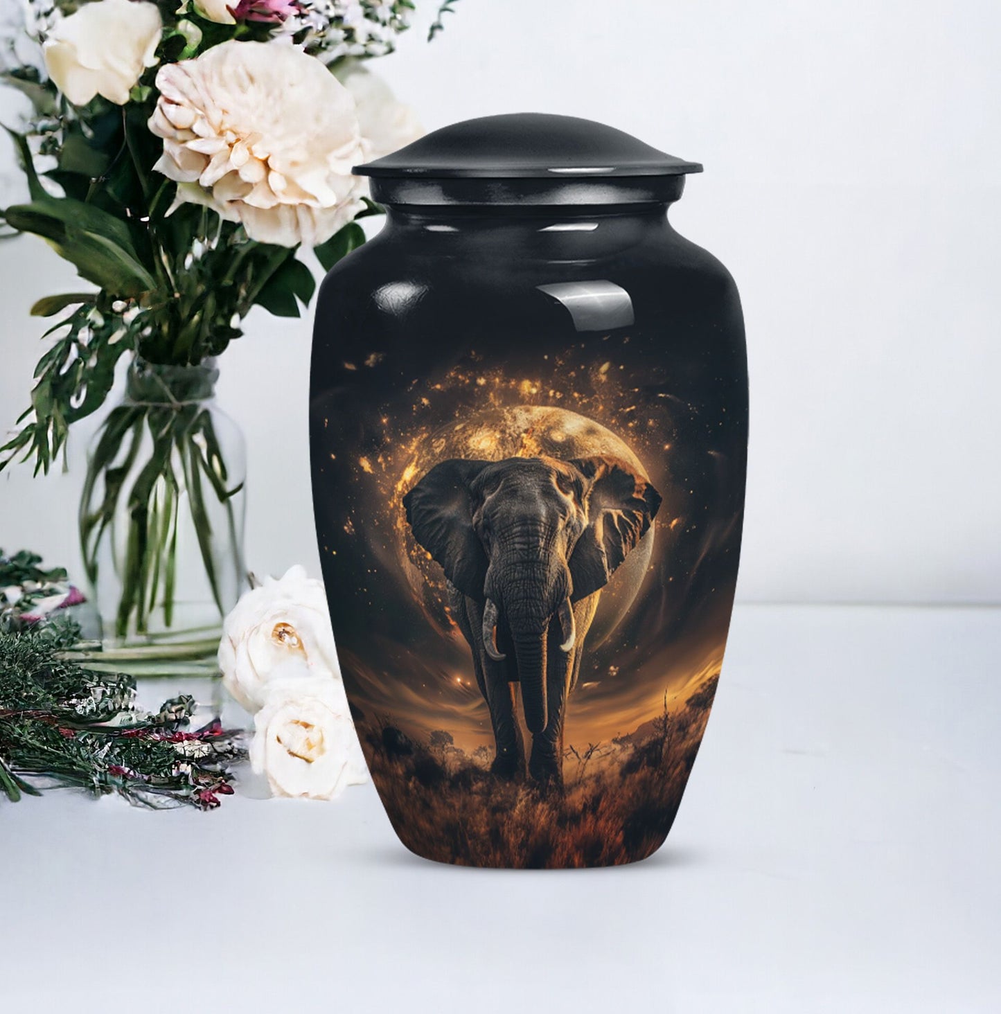 Butterfly themed, 10-inch elephant urn for female cremation.