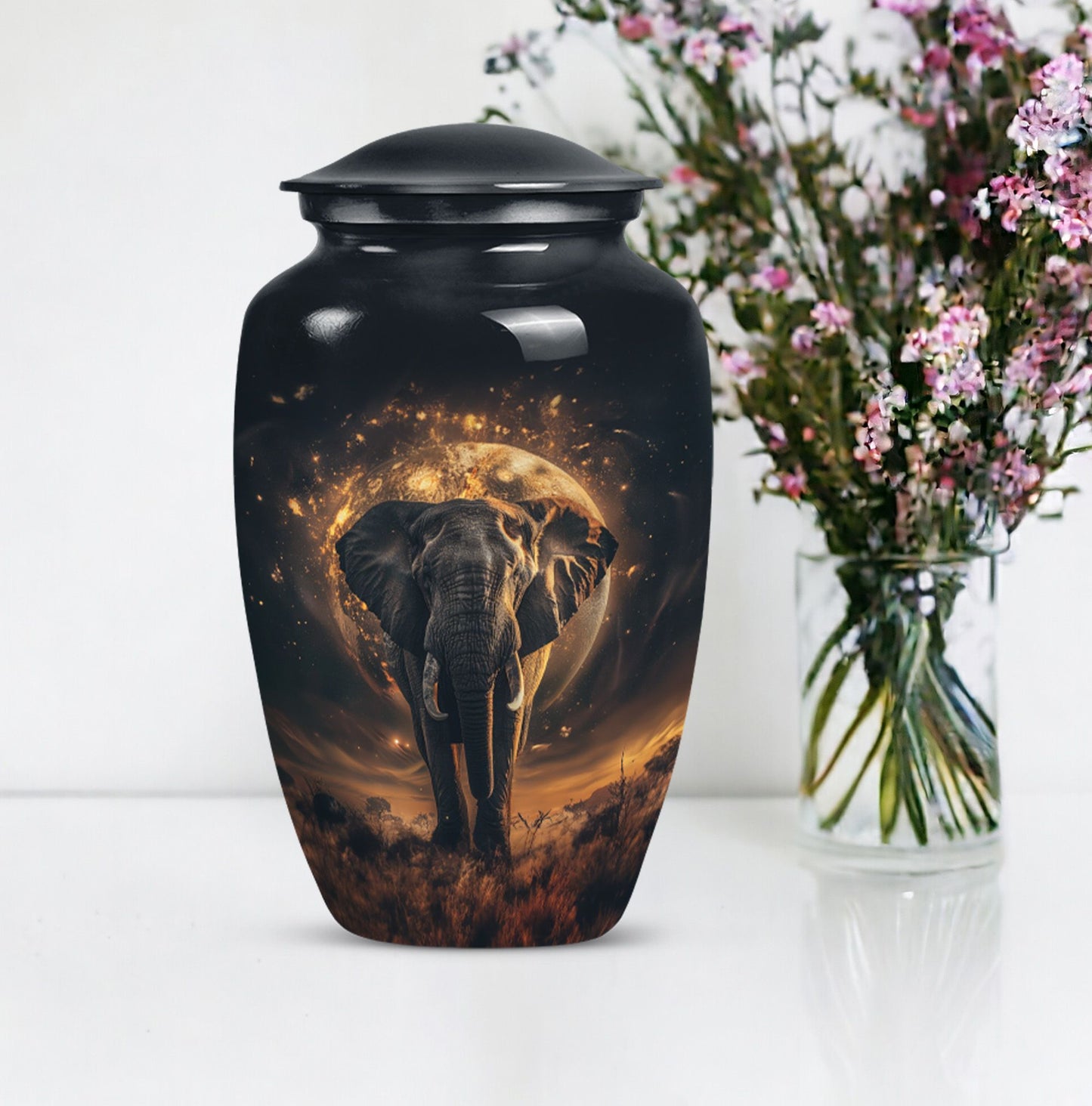 Butterfly themed, 10-inch elephant urn for female cremation.