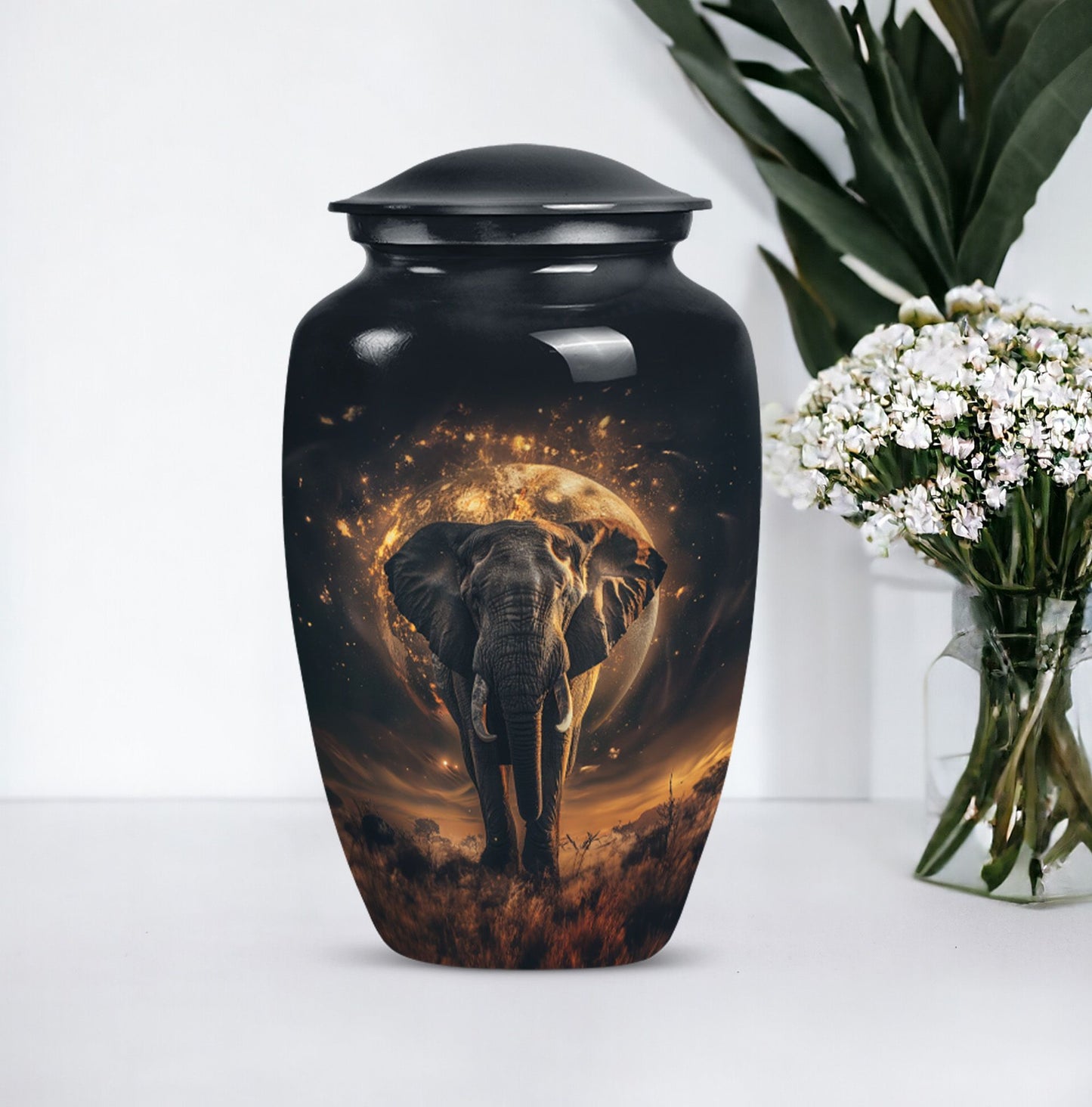 Butterfly themed, 10-inch elephant urn for female cremation.
