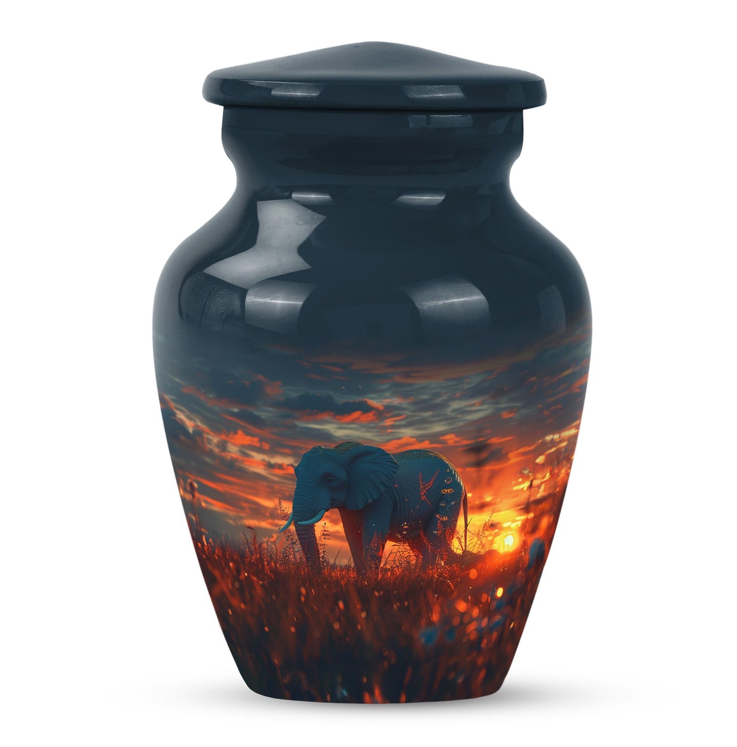 classic aluminium elephant urn with butterfly theme.