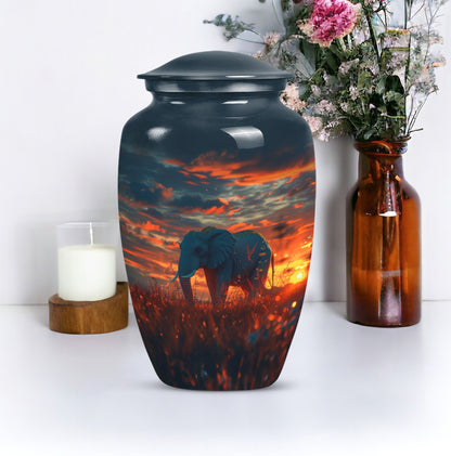 classic aluminium elephant urn with butterfly theme.