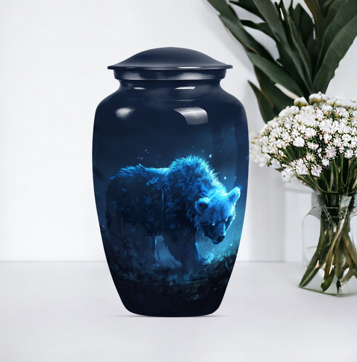 10-inch bear urn for mom, butterfly-themed funeral urn.