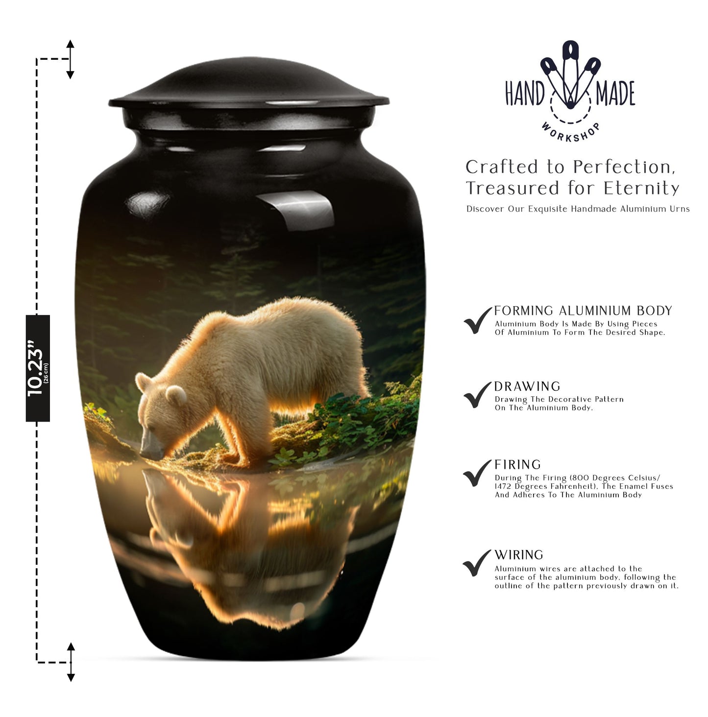10-inch bear urn, aluminium cremation urn with butterfly theme.