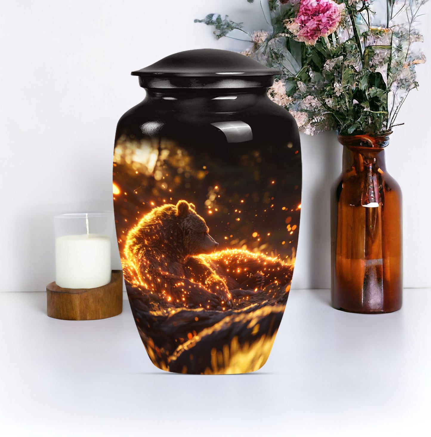 bear urn with butterfly theme 