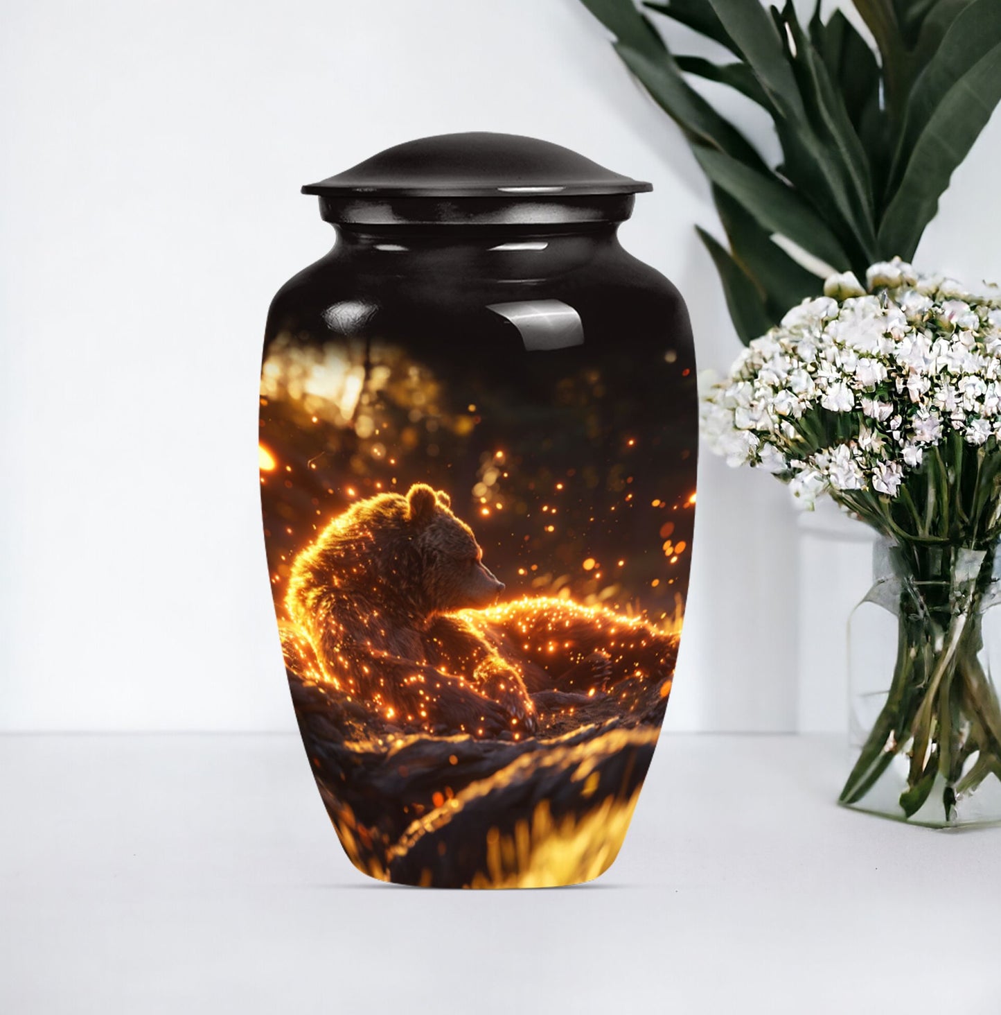 bear urn with butterfly theme 