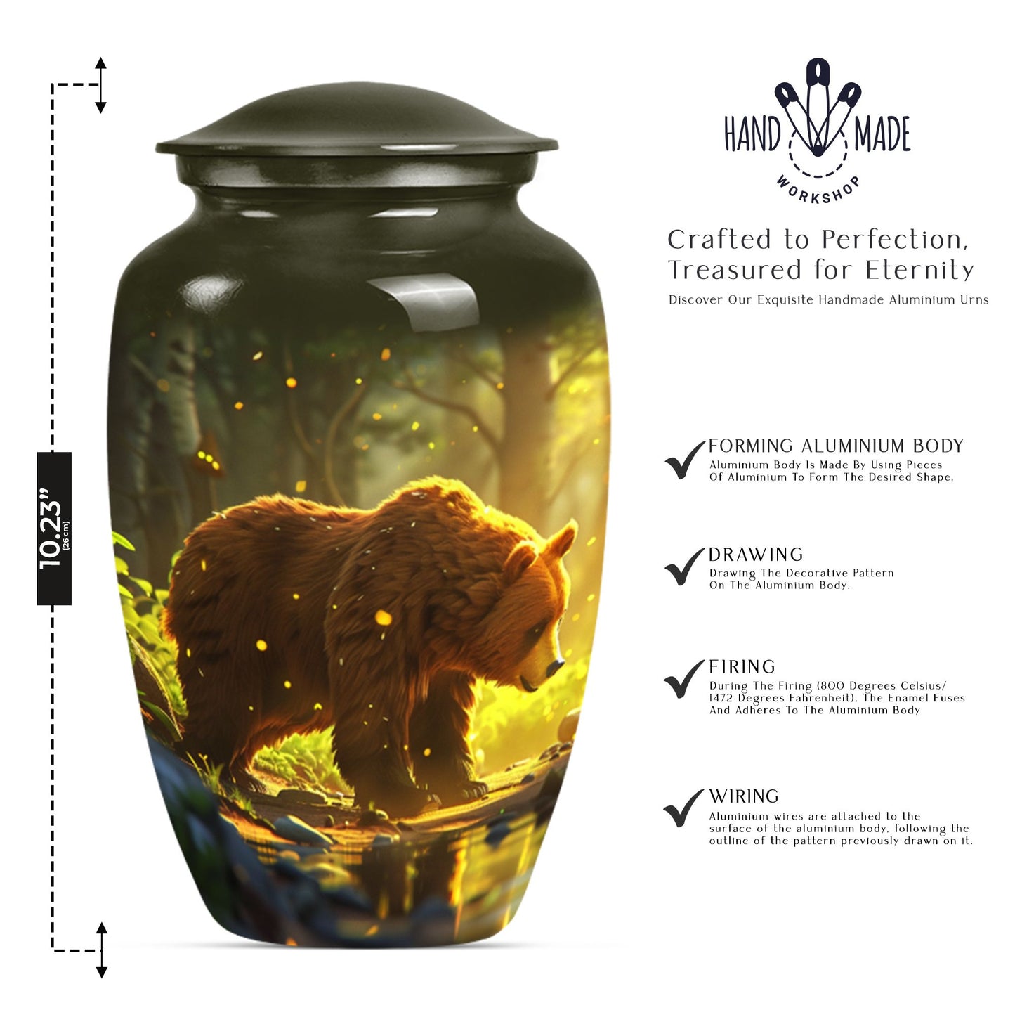 Classic 10-inch aluminum bear urn with butterfly theme, 