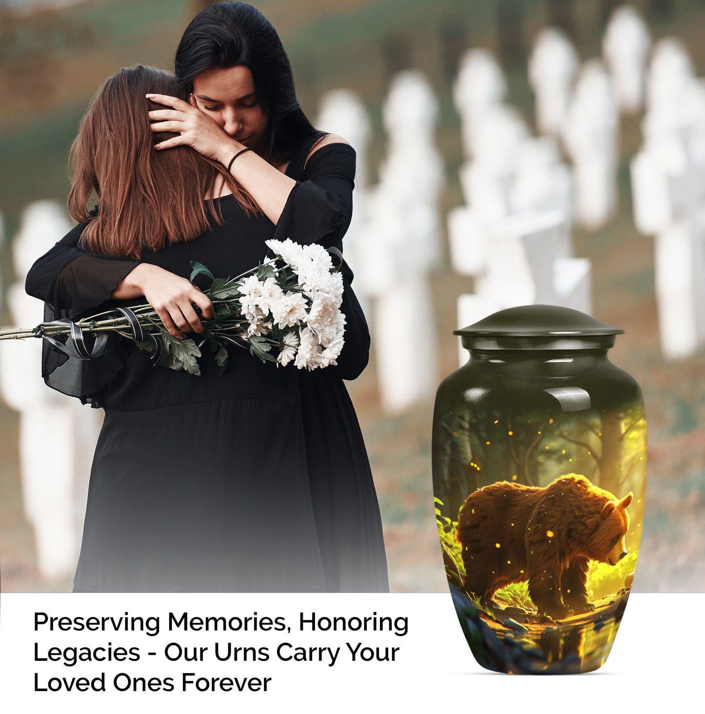 Classic 10-inch aluminum bear urn with butterfly theme, 