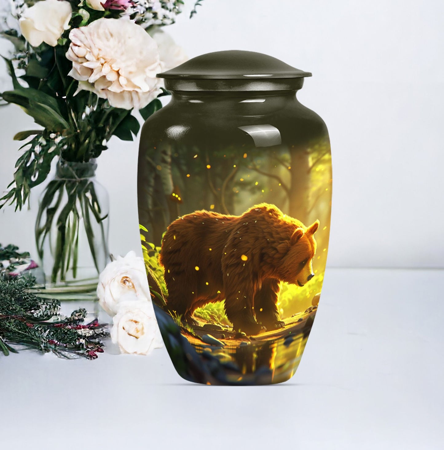 Classic 10-inch aluminum bear urn with butterfly theme, 